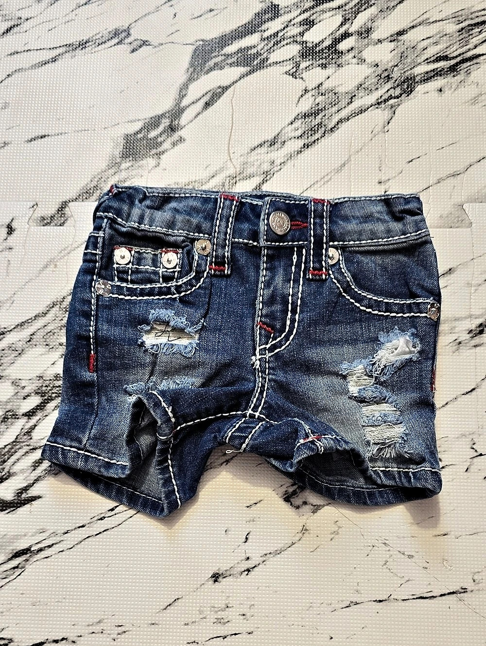 True Religion Kids Distressed Denim Shorts in Blue